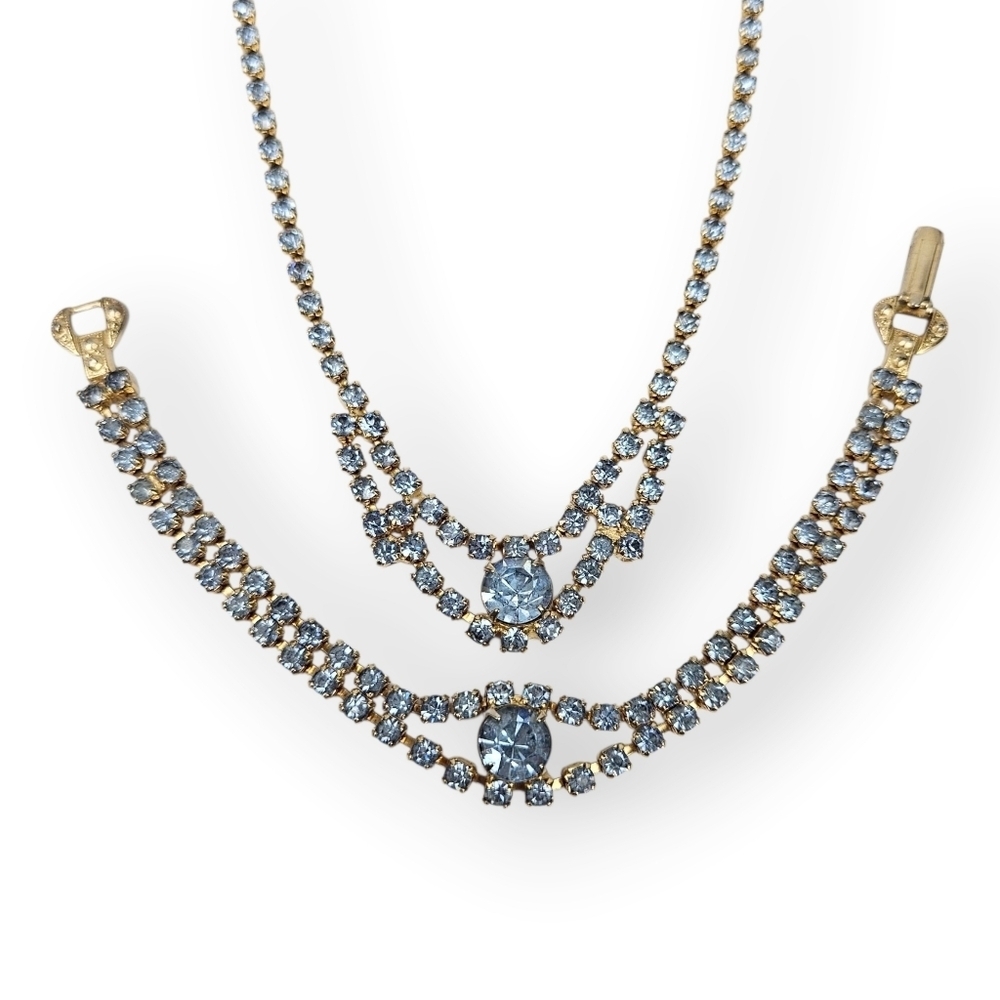 Vintage Blue Rhinestone Necklace Bracelet Set Gold Plated Mid Century MCM 16.5"